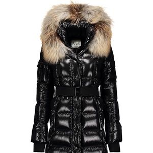 SAM Infinity Fox Fur-Trim Belted Down Puffer Coat